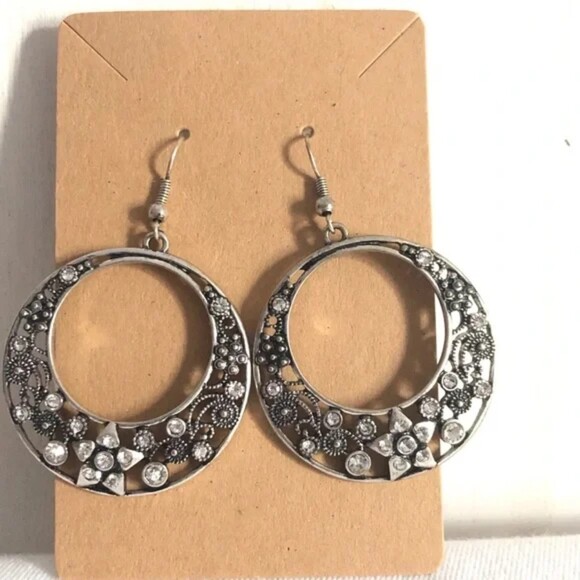 Ornate Open Circle Star Rhinestone Pierced Dangle Earrings - Picture 1 of 7